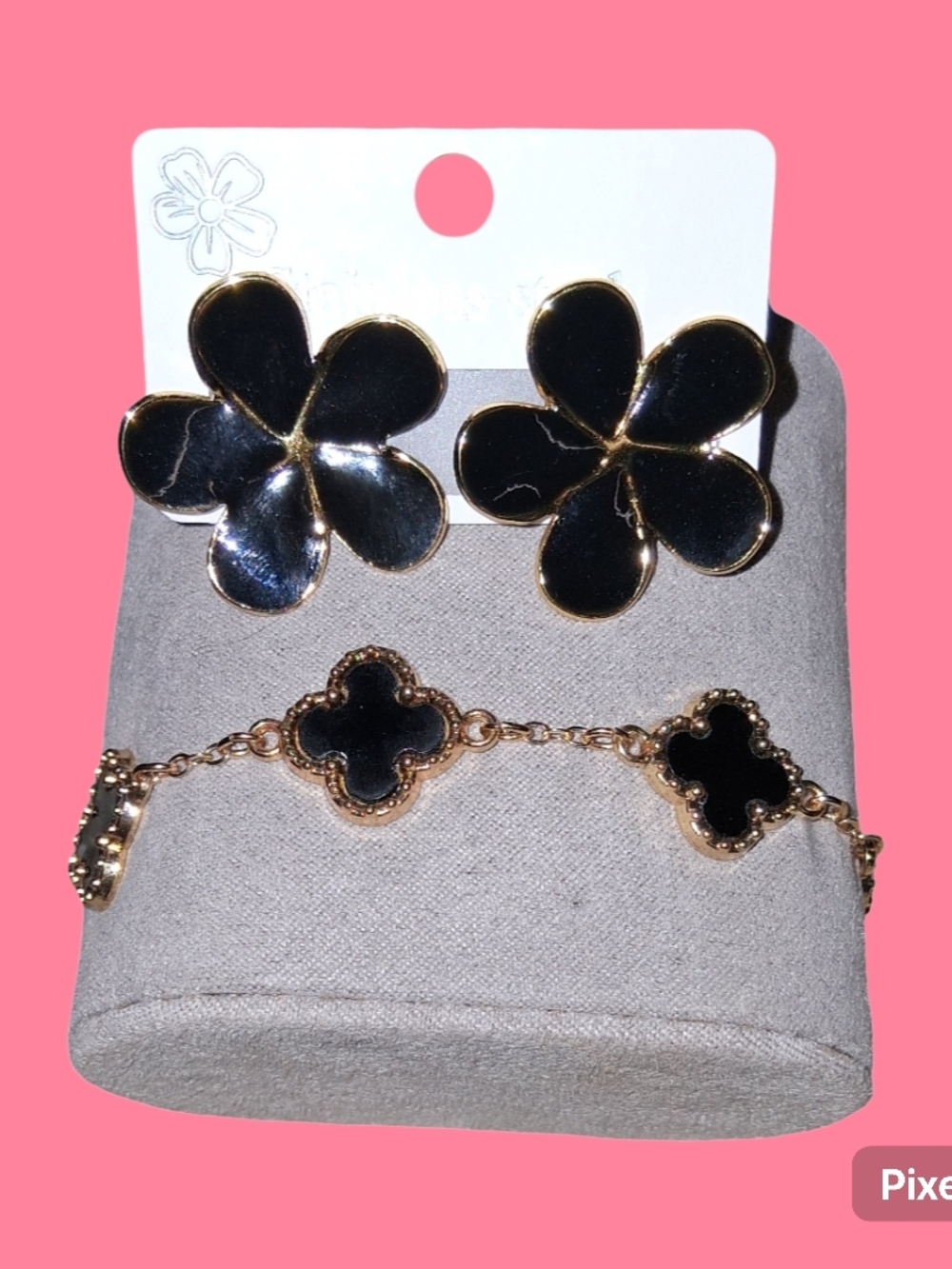 Black Floral Statement Earrings and Clover Bracelet Set
